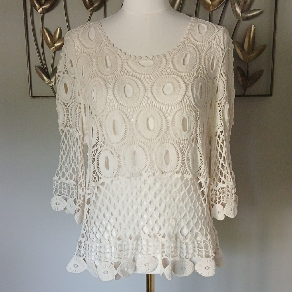 Boho Ivory Crochet Lace Top with 3/4 Sleeve | Sz XL